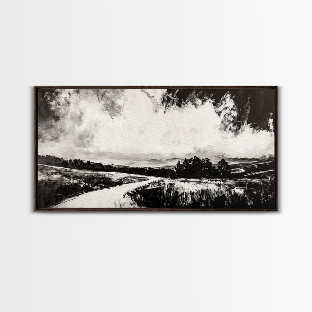 Country Road, Black and White, Minimalist, Framed Canvas Print, Rustic Landscape, Entryway Wall Art, Neutral Wall Decor, Farmhouse Style