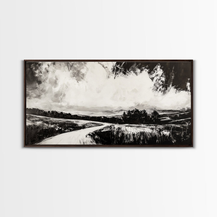 Country Road, Black and White, Minimalist, Framed Canvas Print, Rustic Landscape, Entryway Wall Art, Neutral Wall Decor, Farmhouse Style