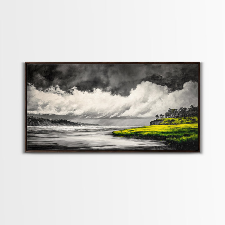 Coastal Storm, Black and White, Dramatic Seascape, Framed Canvas Print, Modern Coastal Art, Minimalist Ocean Wall Art, Large Wall Decor