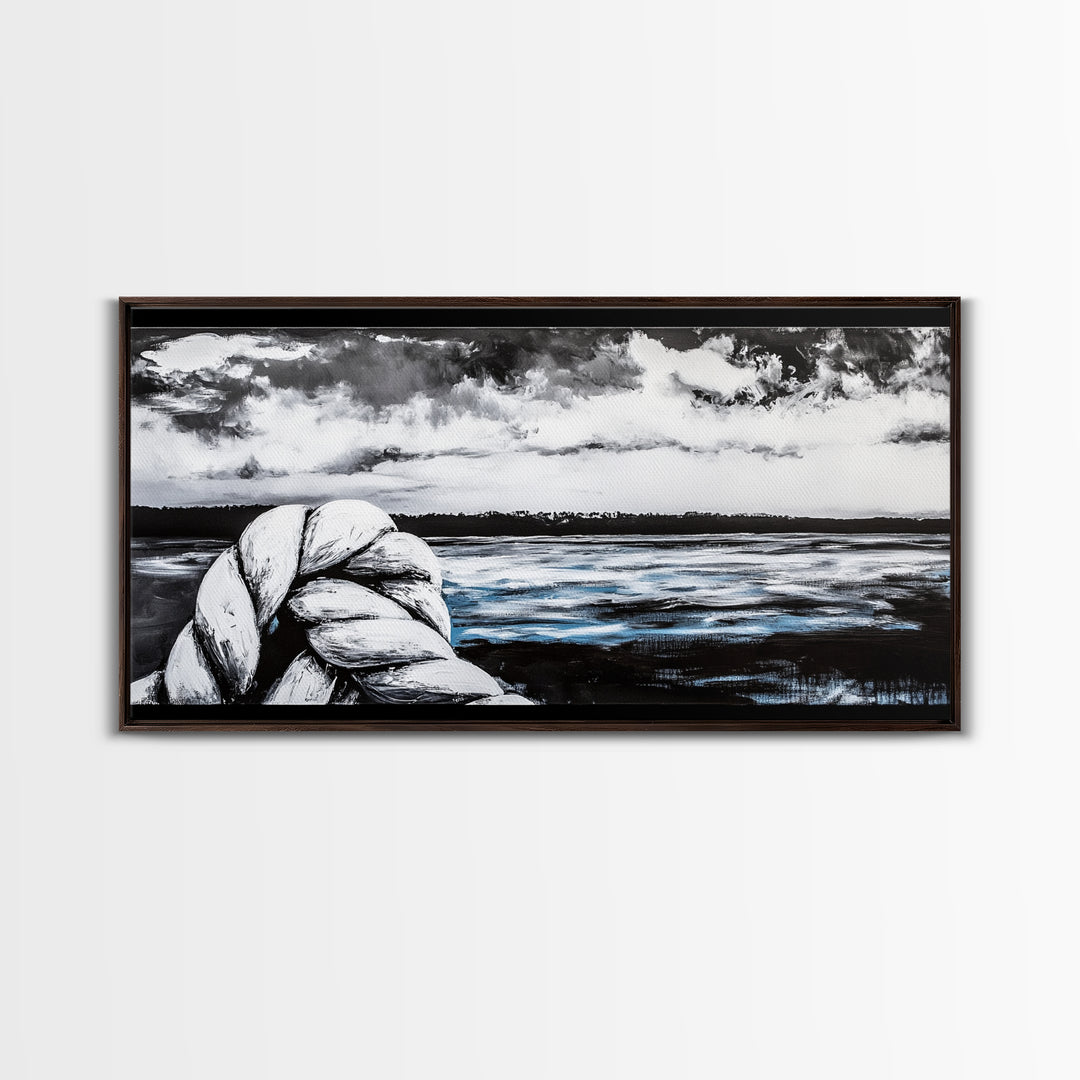 Nautical Art, Coastal Rope, Black and White, Framed Canvas Print, Beach House Decor, Minimalist Wall Art, Modern Ocean Painting