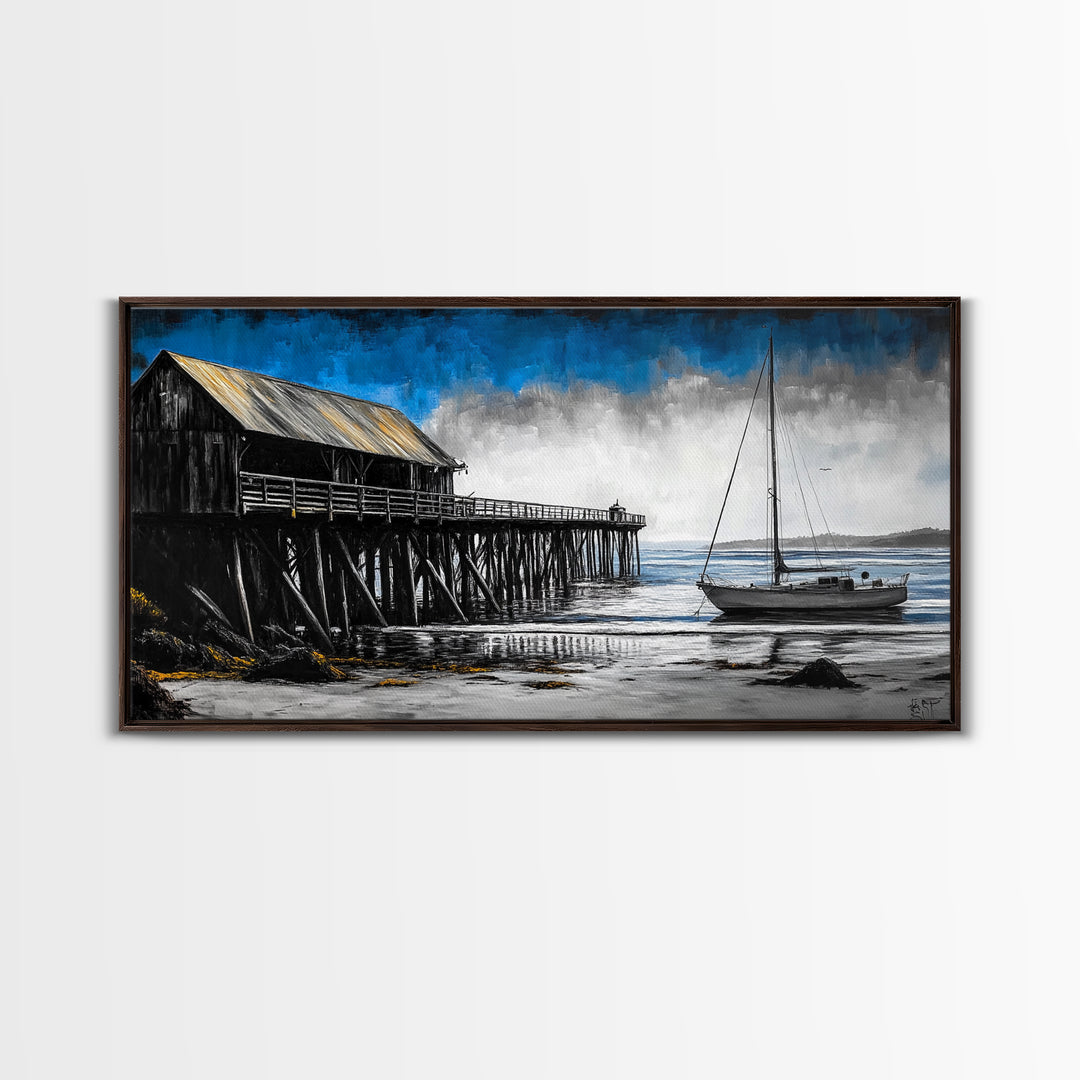 Pier and Boat, Seaside Wall Art, Coastal Landscape, Framed Canvas Print, Nautical Home Decor, Large Artwork, Ocean Painting