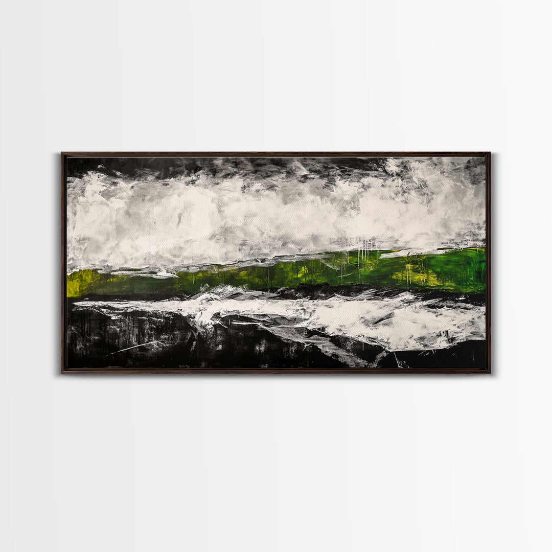 Abstract Expressionism, Black White Green, Dramatic Landscape, Framed Canvas Print, Modern Wall Art, Statement Artwork, Living Room Decor
