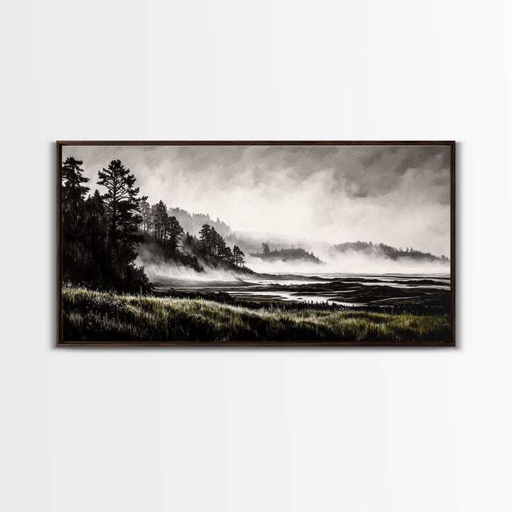 Foggy Hills, Woodland Landscape, Monochrome Art, Canvas Print, Rustic Nature Decor, Peaceful Wall Art, Mountain Art