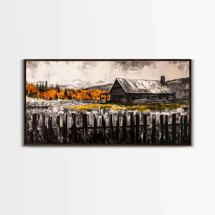 Rustic Cabin, Fall Foliage, Country Home Art, Canvas Print, Autumn Wall Decor, Farmhouse Wall Art, Cozy Living Room Art