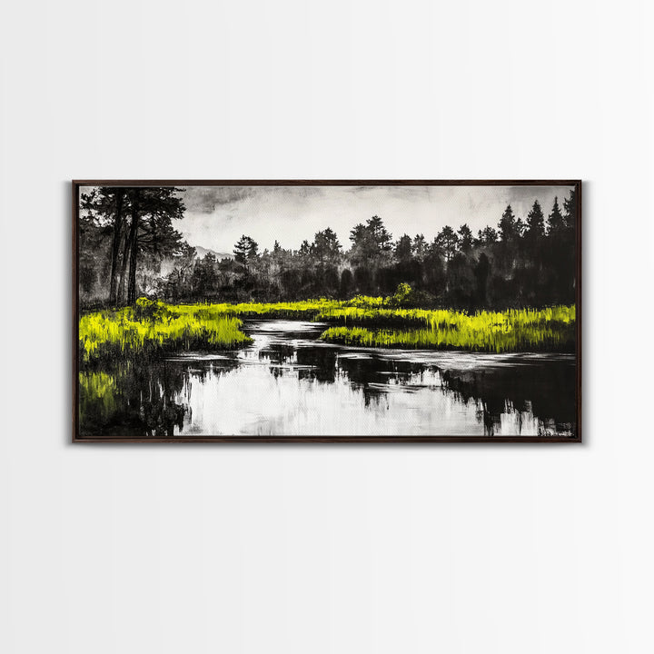 River Reflection, Minimalist Nature Art, Framed Canvas Print, Black and White Landscape, Modern Wall Decor, Office Wall Art