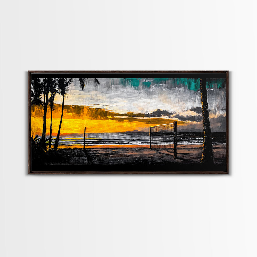 Beach Volleyball, Sunset Seascape, Warm Coastal Decor, Tropical Wall Art, Living Room Artwork, Golden Hour Beach Scene, Framed Canvas Print