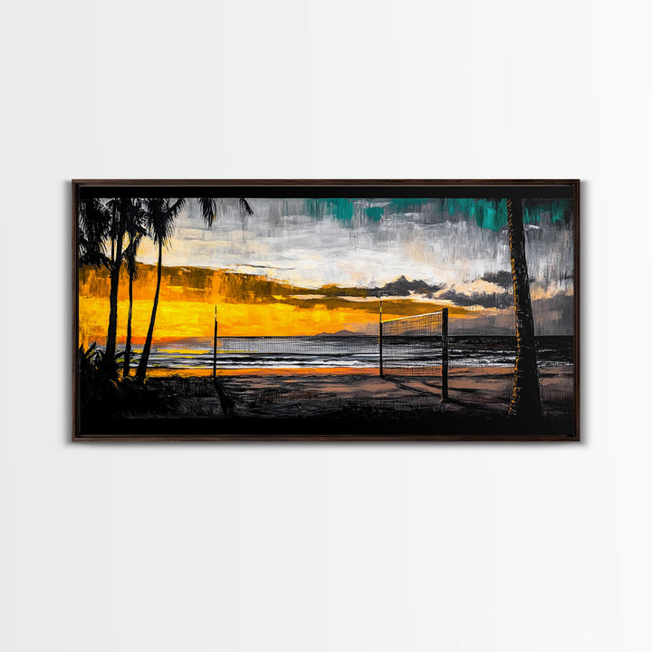 Beach Volleyball, Sunset Seascape, Warm Coastal Decor, Tropical Wall Art, Living Room Artwork, Golden Hour Beach Scene, Framed Canvas Print