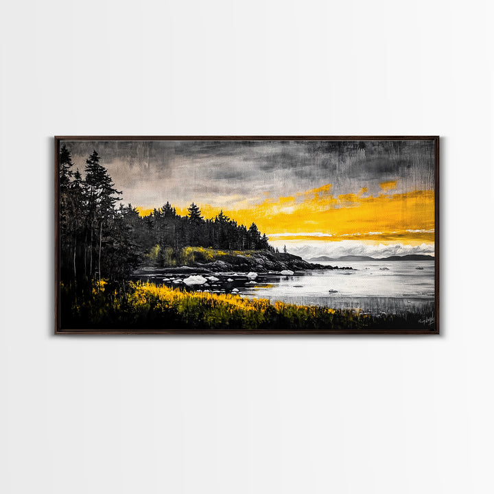Coastal Landscape Print, Golden Sky Canvas Print, Dramatic Sunset Painting, Nature Wall Art, Living Room Artwork, Framed Canvas Print