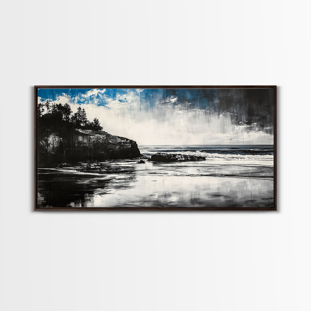 Dramatic Cliffside Painting, Ocean Wave Canvas Print, Monochrome Seascape Art, Moody Wall Decor, Coastal Artwork, Framed Canvas Print