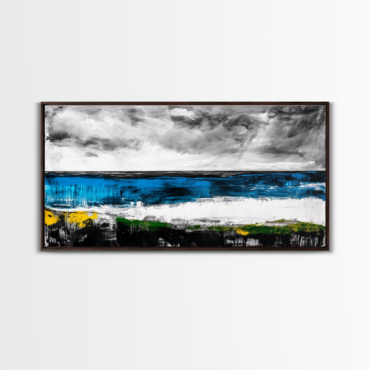 Abstract Coastal Art, Blue and Yellow Canvas Print, Modern Seascape Wall Decor, Ocean Painting, Living Room Artwork, Framed Canvas Print