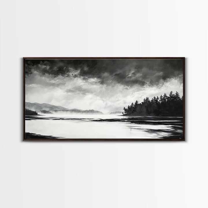 Monochrome Landscape Art, Misty Lake Canvas Print, Nature Wall Decor, Black and White Painting, Living Room Artwork, Framed Canvas Print