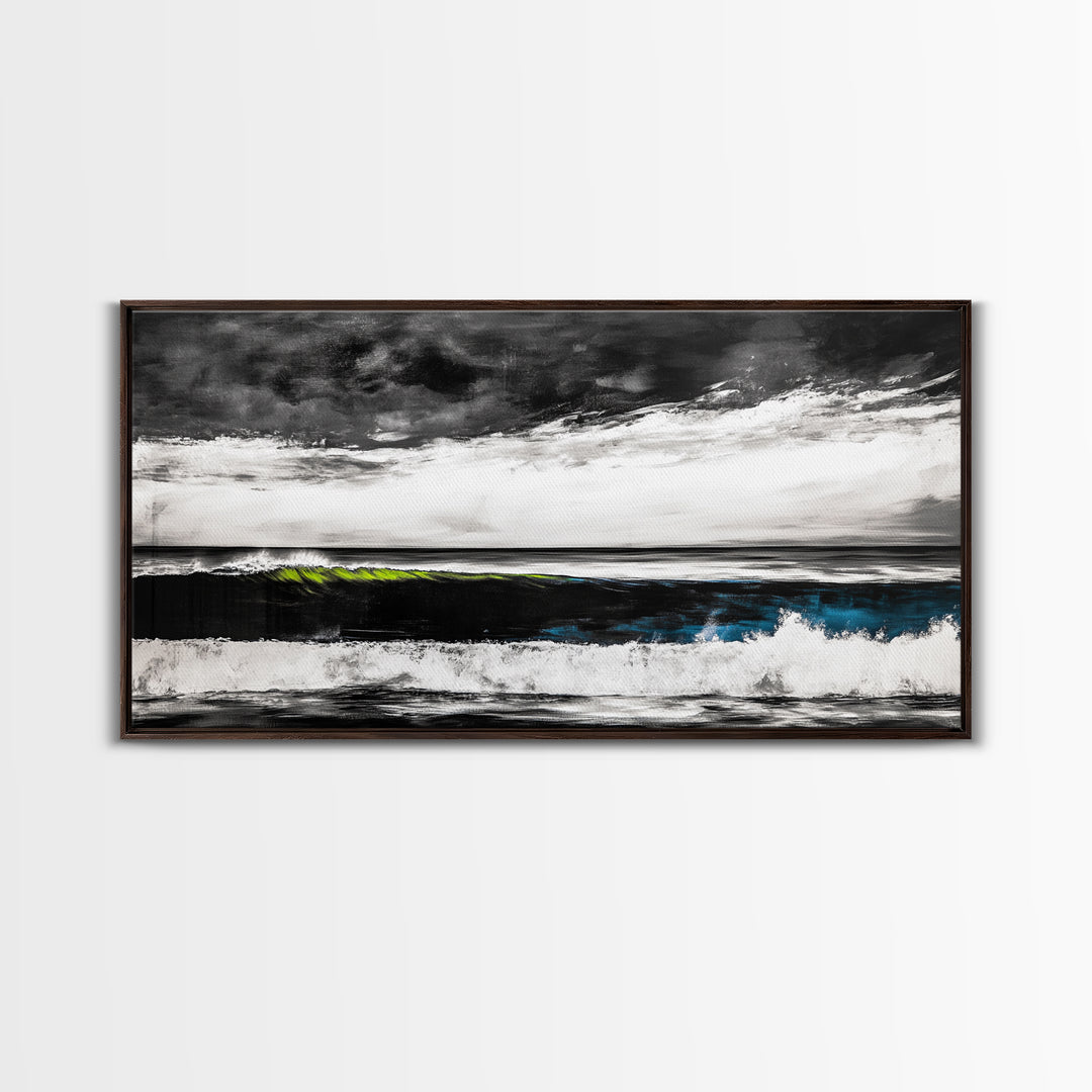 Ocean Wave Painting, Black and White Print, Modern Coastal Wall Decor, Seascape Art, Nautical Home Aesthetic, Framed Canvas Print
