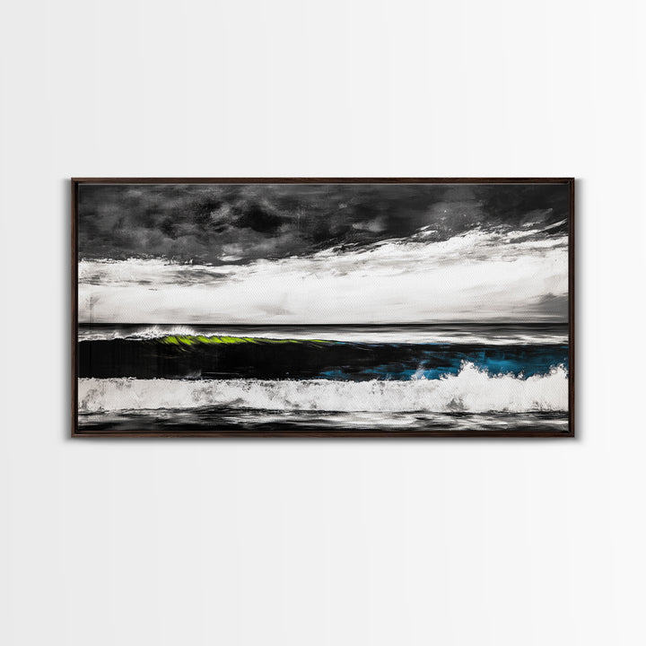 Ocean Wave Painting, Black and White Print, Modern Coastal Wall Decor, Seascape Art, Nautical Home Aesthetic, Framed Canvas Print