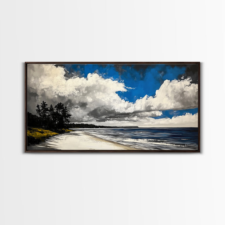 Dramatic Beach Scene, Blue Sky Canvas Print, Coastal Landscape Painting, Nature Wall Decor, Living Room Artwork, Framed Canvas Print
