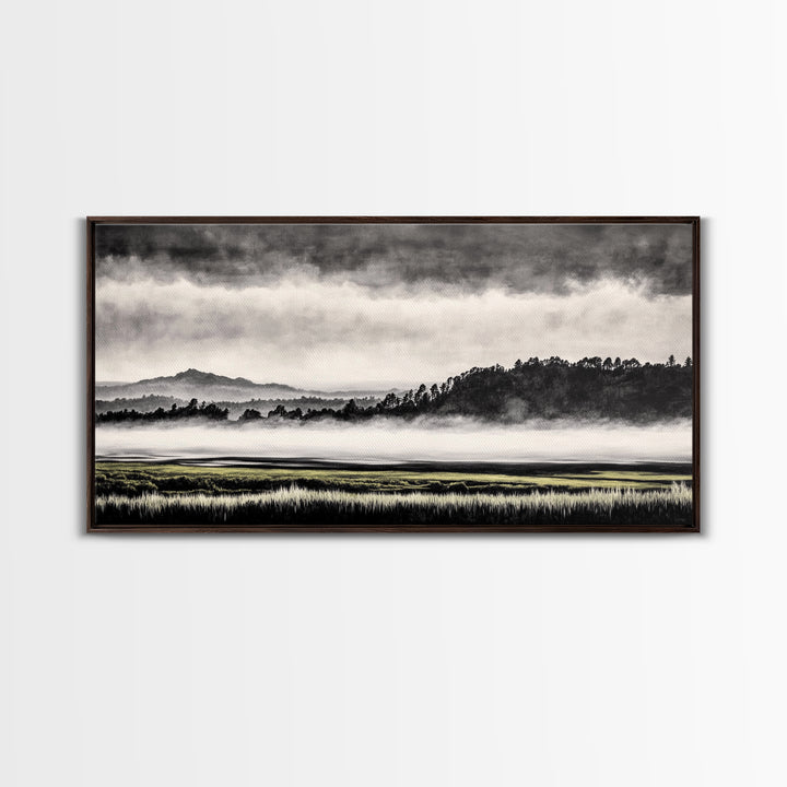 Misty Mountains, Black and White Art, Foggy Landscape, Canvas Print, Nature Wall Art, Minimalist Artwork, Bedroom Wall Decor