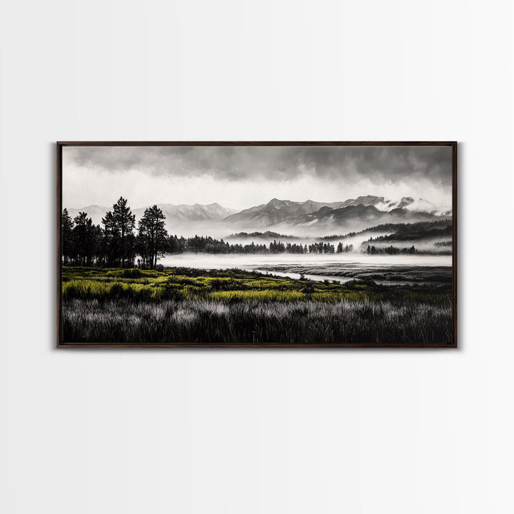 Foggy Forest, Mountain Landscape, Monochrome Wall Art, Framed Canvas Print, Modern Home Decor, Living Room Artwork, Nature Print