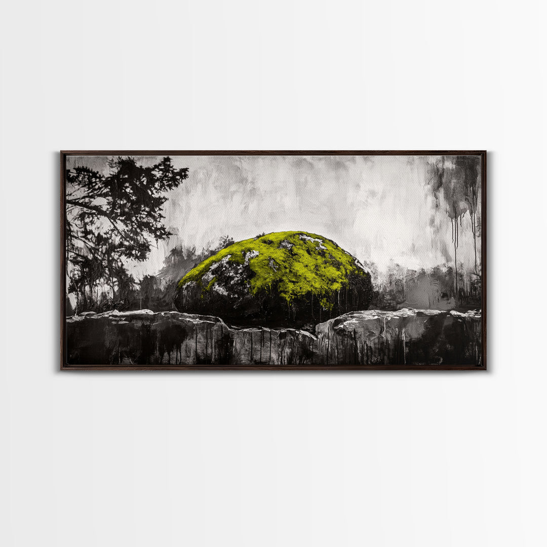 Mossy Rock, Abstract Nature, Green and Black Art, Canvas Print, Rustic Wall Decor, Boho Artwork, Modern Farmhouse Decor