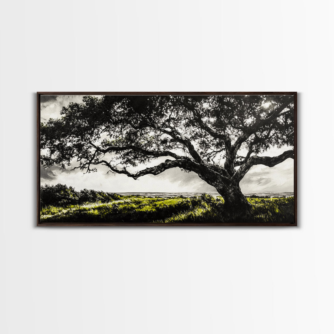 Oak Tree, Scenic Meadow, Black and White Landscape, Framed Canvas Print, Nature Wall Art, Large Canvas Artwork, Living Room Decor