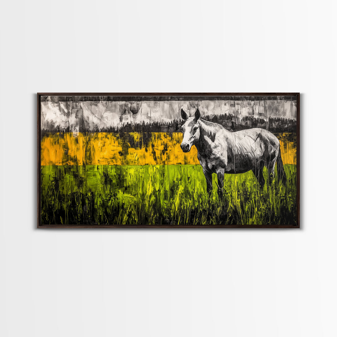Abstract Horse, Farmhouse, Framed Canvas Print, Rustic Wall Art, Country Decor, Bold Yellow and Green, Large Wall Art, Equestrian Art