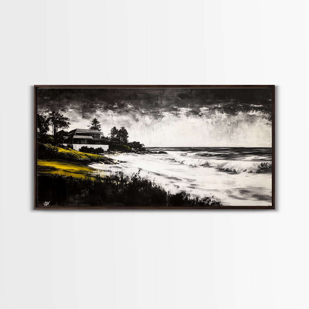 Coastal Landscape, Black and White, Framed Canvas Print, Beach House Wall Art, Nautical Decor, Ocean View Art, Minimalist Seascape