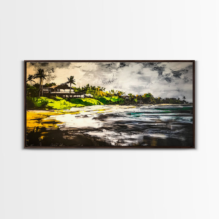 Beach House, Ocean View, Tropical Landscape, Framed Canvas Print, Coastal Art, Beach Wall Decor, Living Room Art, Boho Wall Art