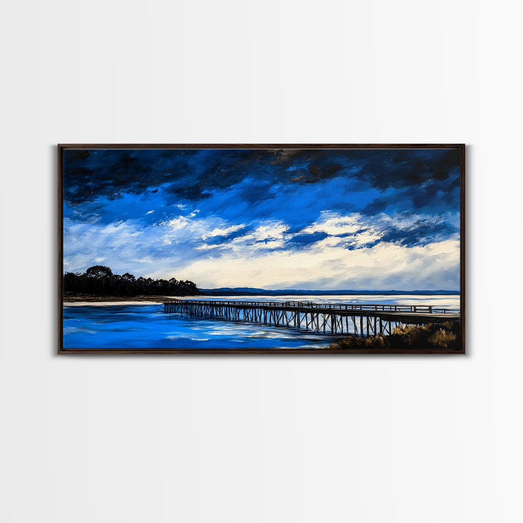 Blue Pier, Lake Scene, Stormy Sky, Framed Canvas Print, Nautical Art, Minimalist Landscape, Bedroom Wall Decor, Large Wall Art