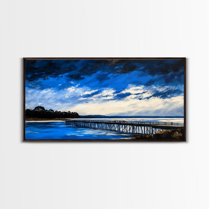 Blue Pier, Lake Scene, Stormy Sky, Framed Canvas Print, Nautical Art, Minimalist Landscape, Bedroom Wall Decor, Large Wall Art