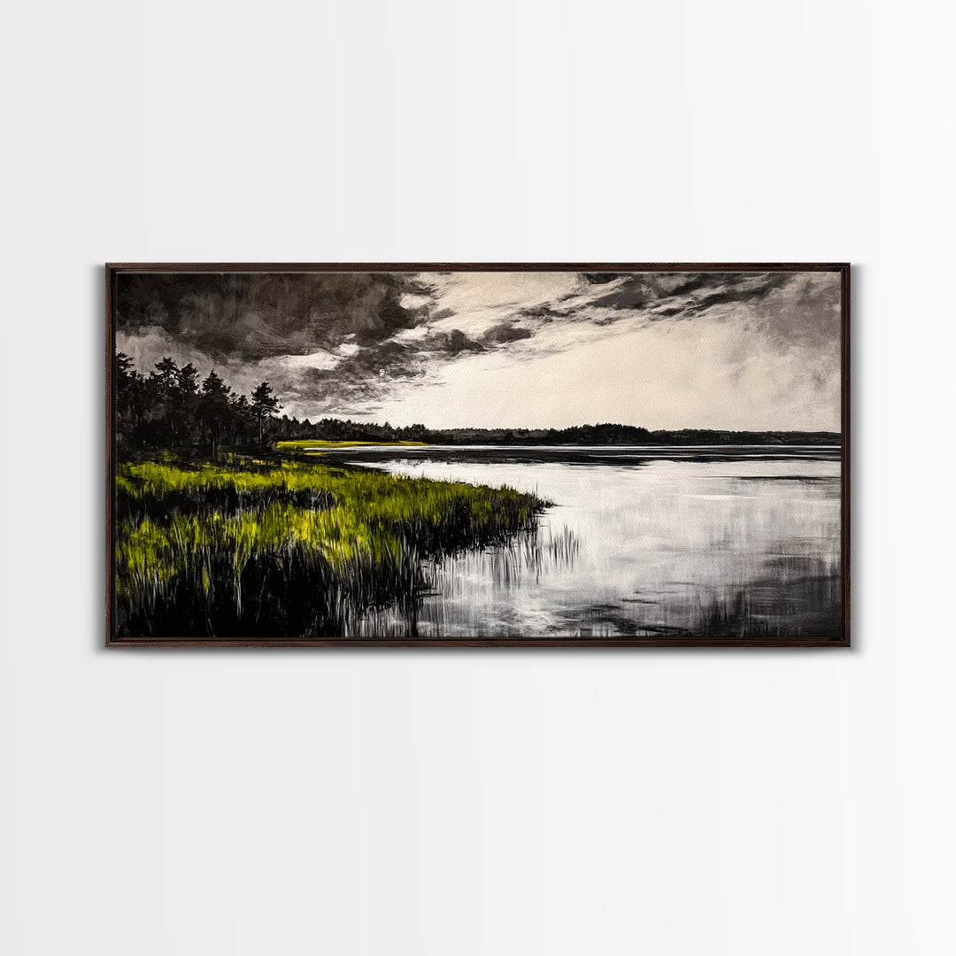 Marshland, Moody Sky, Lakeside View, Canvas Print, Nature Photography, Living Room Wall Art, Rustic Landscape, Neutral Tones Decor