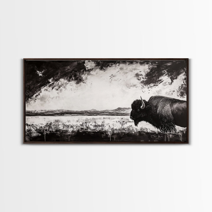 Bison Landscape, Western Art, Black and White Buffalo, Rustic Home Decor, Southwestern Wall Art, Nature Artwork, Framed Canvas Print