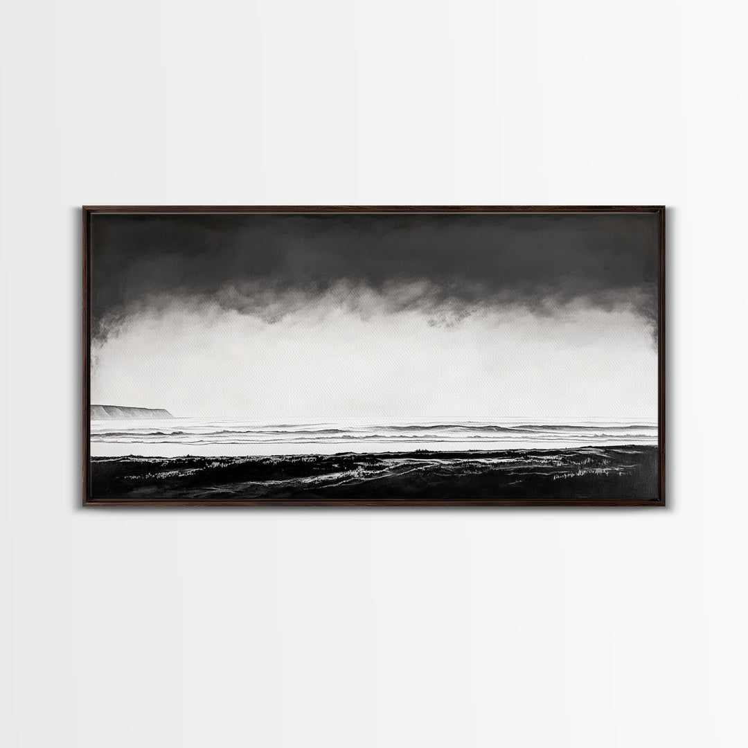 Foggy Ocean, Misty Beach, Black and White Minimalist, Canvas Print, Modern Wall Art, Bedroom Decor, Neutral Tones, Serene Seascape
