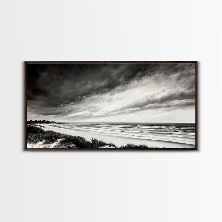 Coastal Storm, Dramatic Beach Scene, Black and White Seascape, Modern Coastal Art, Neutral Wall Decor, Canvas Print, Living Room Art