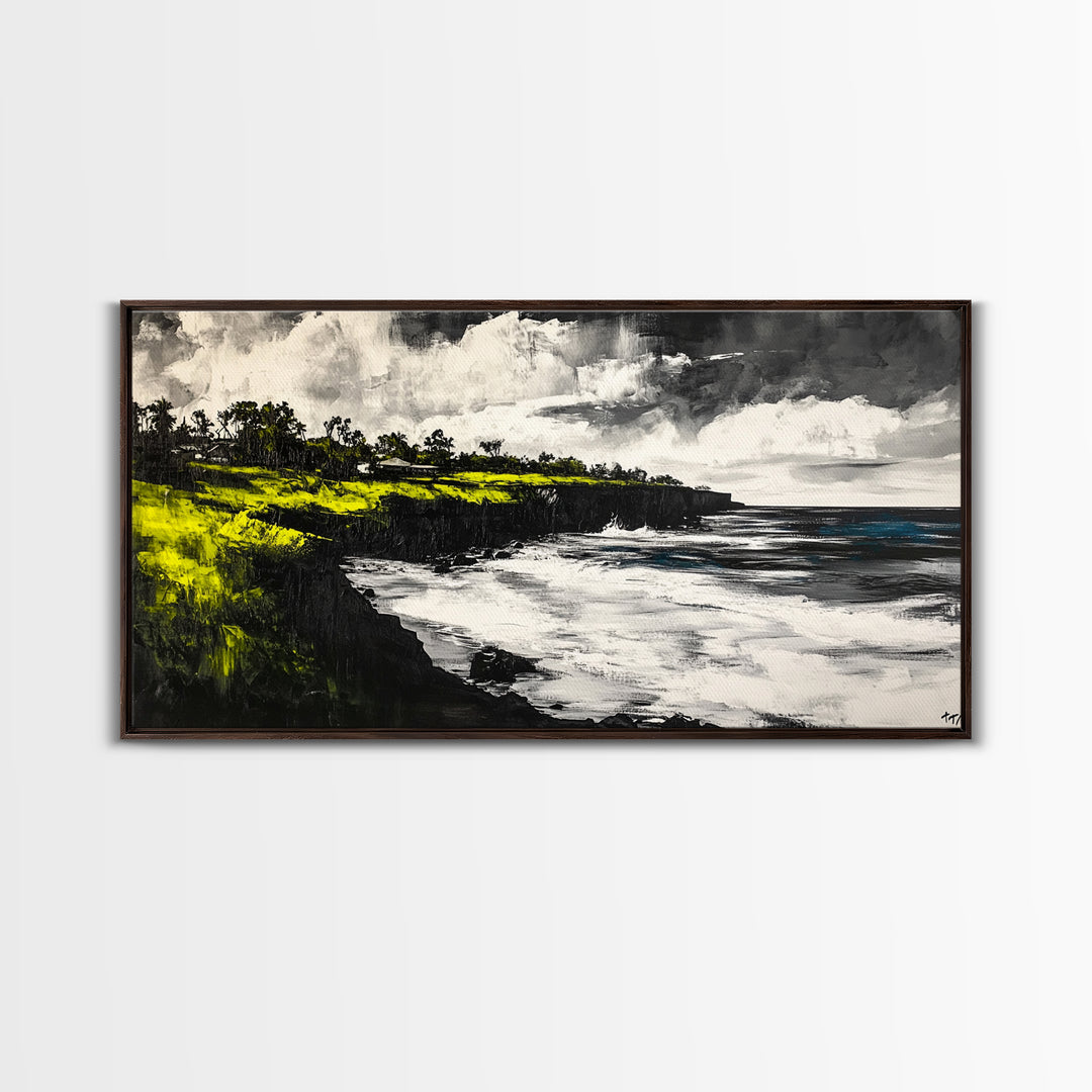 Cliffside Ocean View Landscape, Black and White Seascape, Nautical Wall Decor, Living Room Art, Beach House Scene, Framed Canvas Print