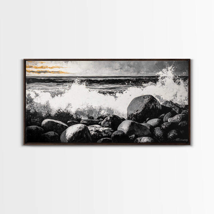 Rocky Shore, Powerful Ocean Waves, Dramatic Black and White Seascape, Coastal Home Decor, Framed Canvas Print, Living Room Accent