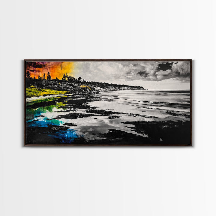 Coastal Landscape, Black White, Ocean View Art, Beach Canvas Print, Living Room Wall Art, Seascape Painting, Nautical Decor, Large Art