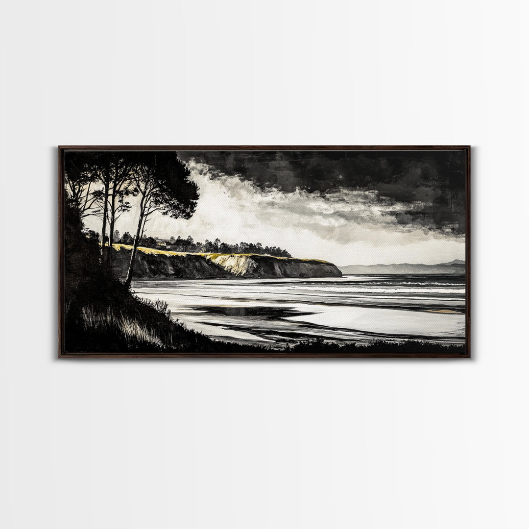 Black White, Coastal Cliffs, Seascape, Large Canvas Print, Ocean Wall Art, Modern Landscape, Minimalist Painting, Nautical Home Decor