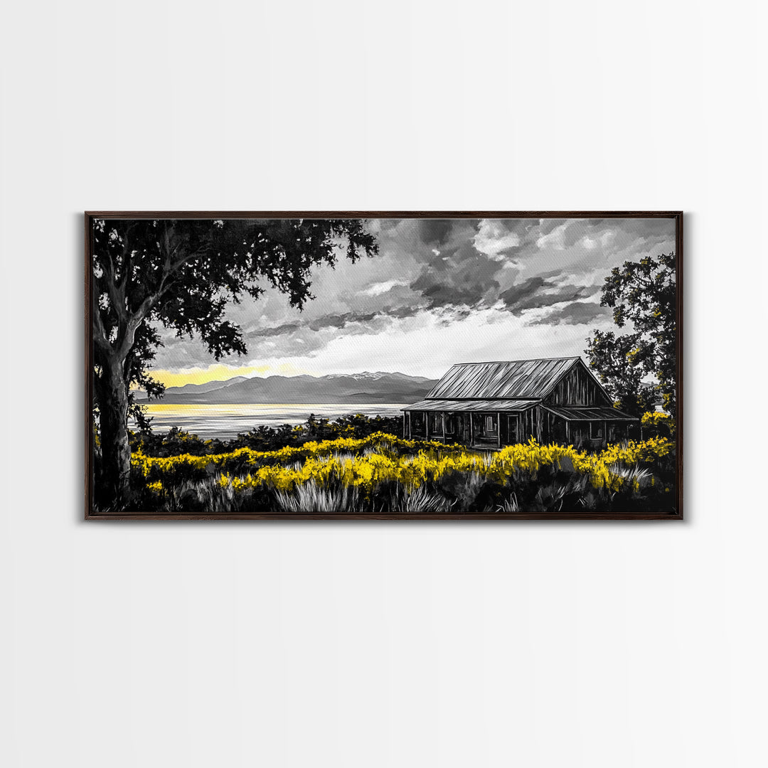 Rustic Cabin, Lake View, Black White Yellow, Large Canvas Print, Country Landscape, Farmhouse Wall Art, Living Room Decor, Framed Artwork