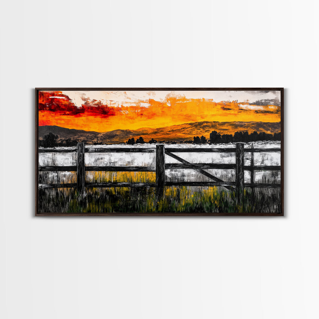 Sunset Fence, Mountain View, Rustic Canvas Print, Large Wall Art, Autumn, Farmhouse Painting, Framed Canvas Print, Moody Home Decor