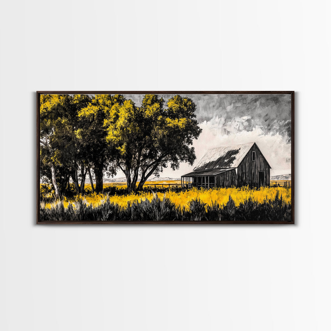 Rustic Barn, Country Wall Art, Western Farmhouse Decor, Black and White Art, Nature Landscape, Living Room Wall Art, Framed Canvas Print