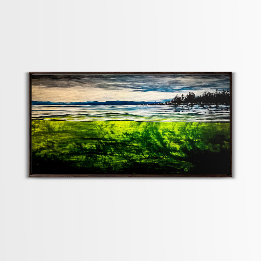 Coastal Reflection, Ocean Shore, Tranquil Seascape, Minimalist Beach Art, Nature Landscape Painting, Bedroom Wall Art, Framed Canvas Print