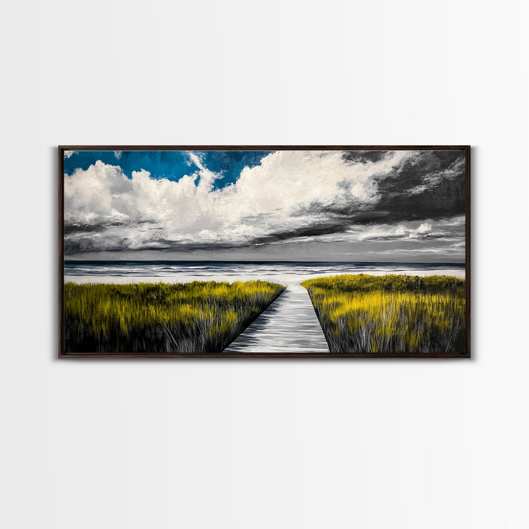 Beach Boardwalk, Coastal Landscape, Black and White Seascape, Nautical Decor, Living Room Artwork, Beach House Scene, Framed Canvas Print