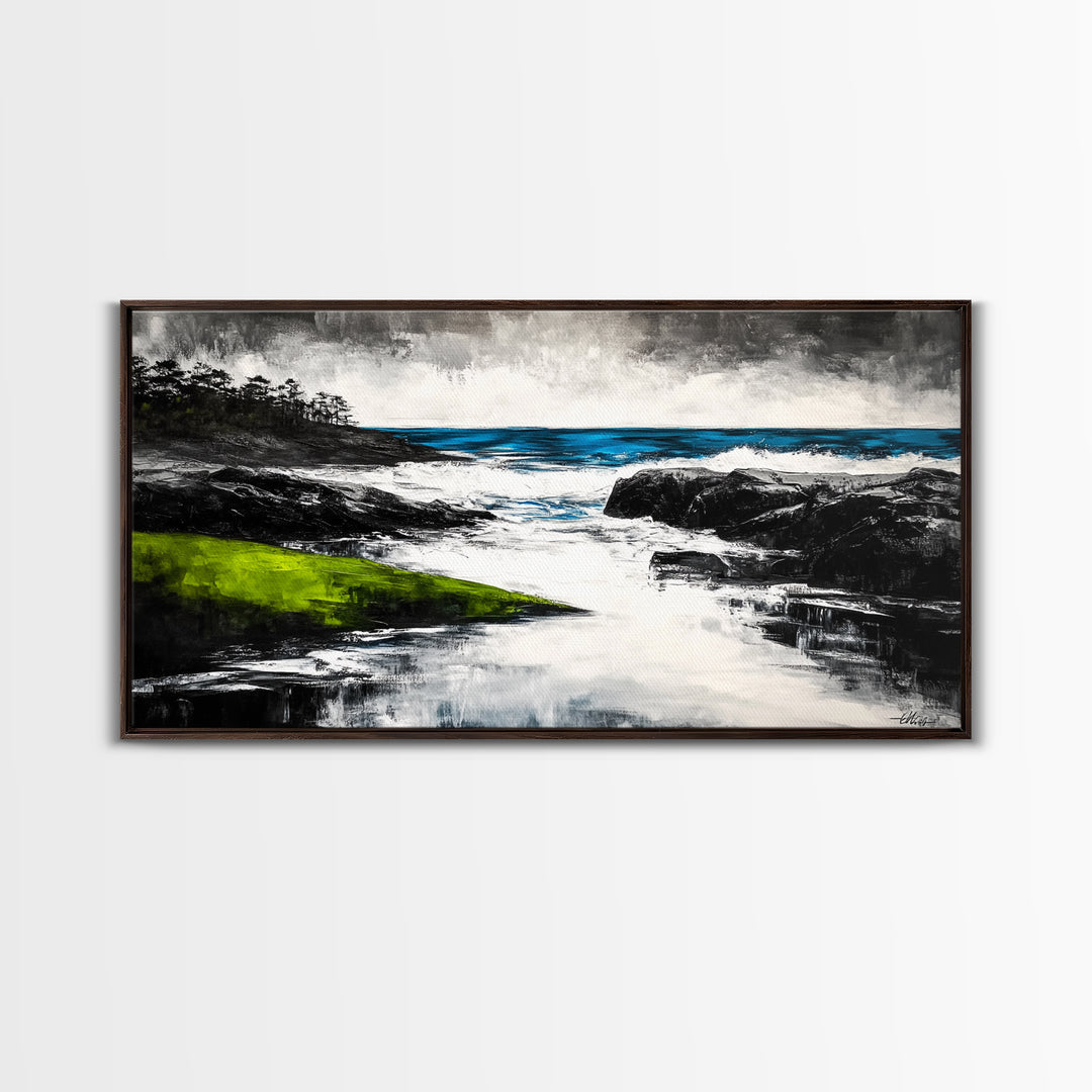 Rocky Shore, Ocean Wave Art, Coastal Seascape, Dramatic Beach Painting, Nautical Home Decor, Modern Coastal Print, Canvas Print
