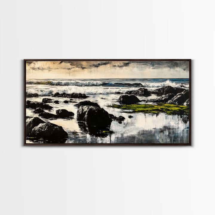 Rocky Coastline, Ocean Waves, Moody Seascape, Canvas Print, Nautical Wall Art, Monochrome Landscape, Bedroom Wall Art, Nature Aesthetic
