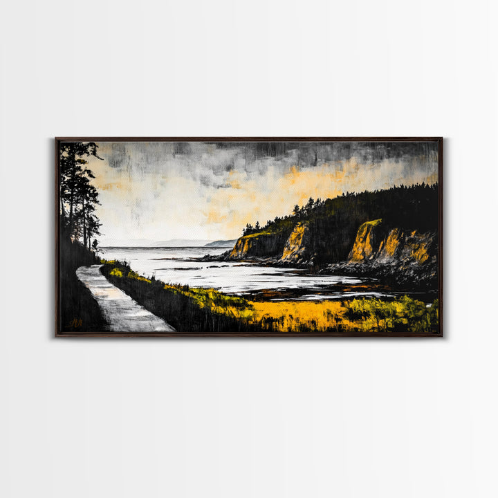 Rugged Shore, Coastal View, Autumn Landscape, Framed Canvas Print, Beach House Art, Living Room Wall Art, Minimalist Seascape Decor