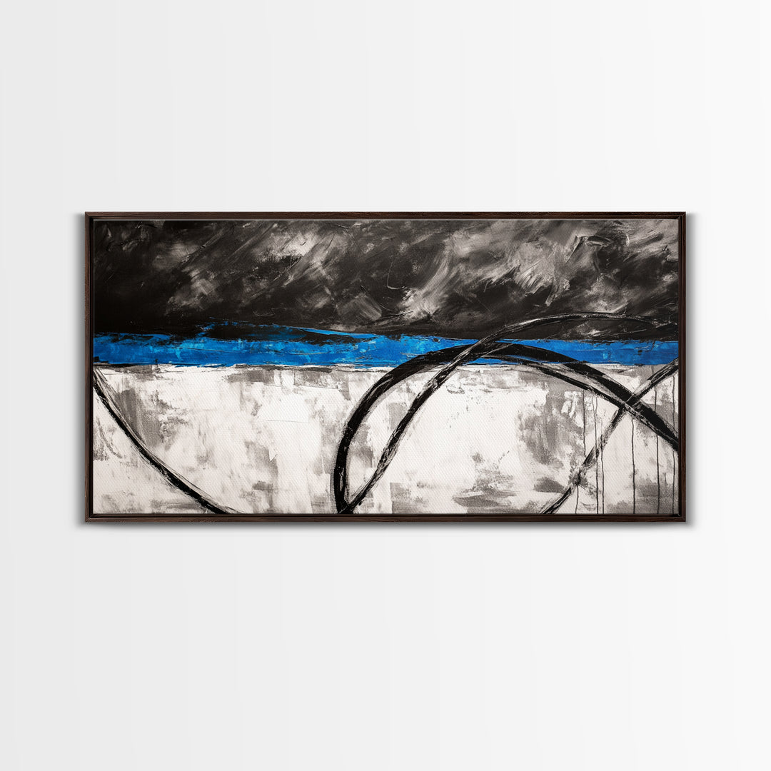 Blue Horizon, Abstract Lines, Framed Canvas Print, Minimalist Painting, Office Wall Art, Geometric Decor, Black and White Aesthetic