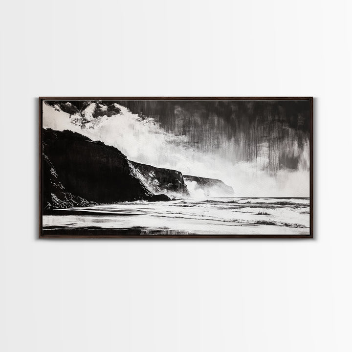 Cliffside Beach, Dramatic Seascape View, Framed Canvas Print, Black and White Art, Minimalist Decor, Bedroom Wall Art, Coastal Aesthetic