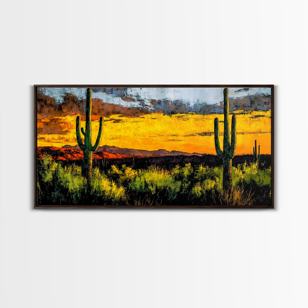 Desert Cactus, Western Sunset Art, Vibrant Landscape Canvas Print, Rustic Home Decor, Southwestern Wall Art, Office Art