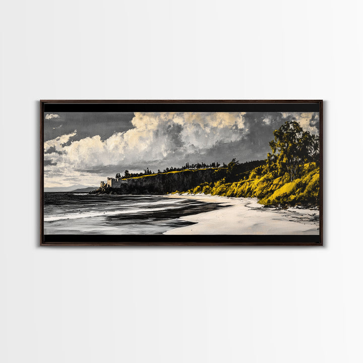 Castle Beach, Coastal Wall Art, European Landscape, Scenic Seascape, Travel Art, Historic Home Decor, Framed Canvas Print, Living Room Art
