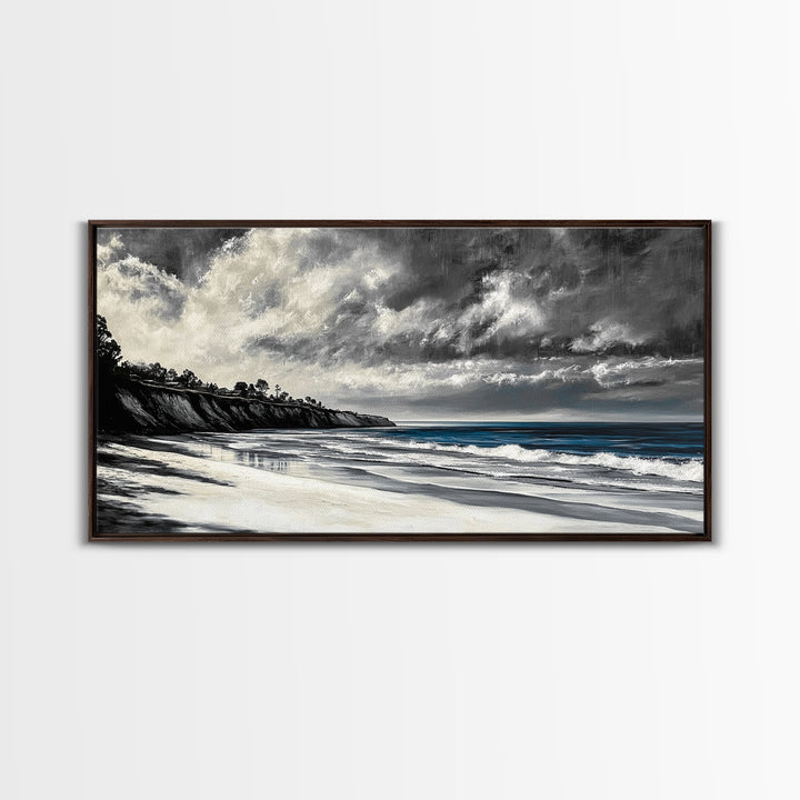 Moody Seascape, Stormy Ocean, Dramatic Sky, Beach Wall Art, Black and White Coastal Decor, Framed Canvas Print, Large Landscape Art