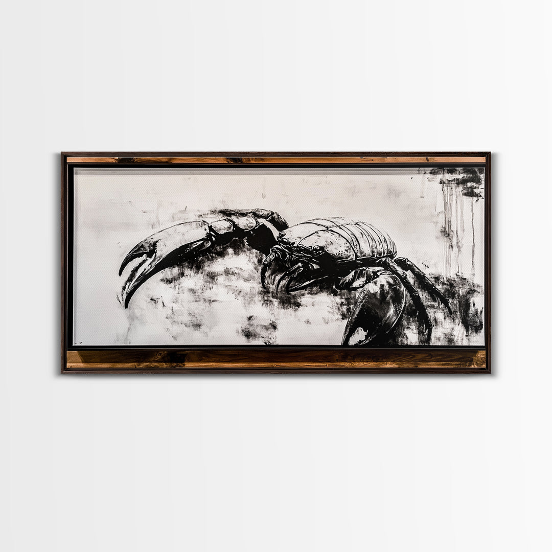 Crab Art, Black and White Coastal Decor, Nautical Wall Art, Beach House Aesthetic, Rustic Framed Canvas Print, Ocean Wildlife Art