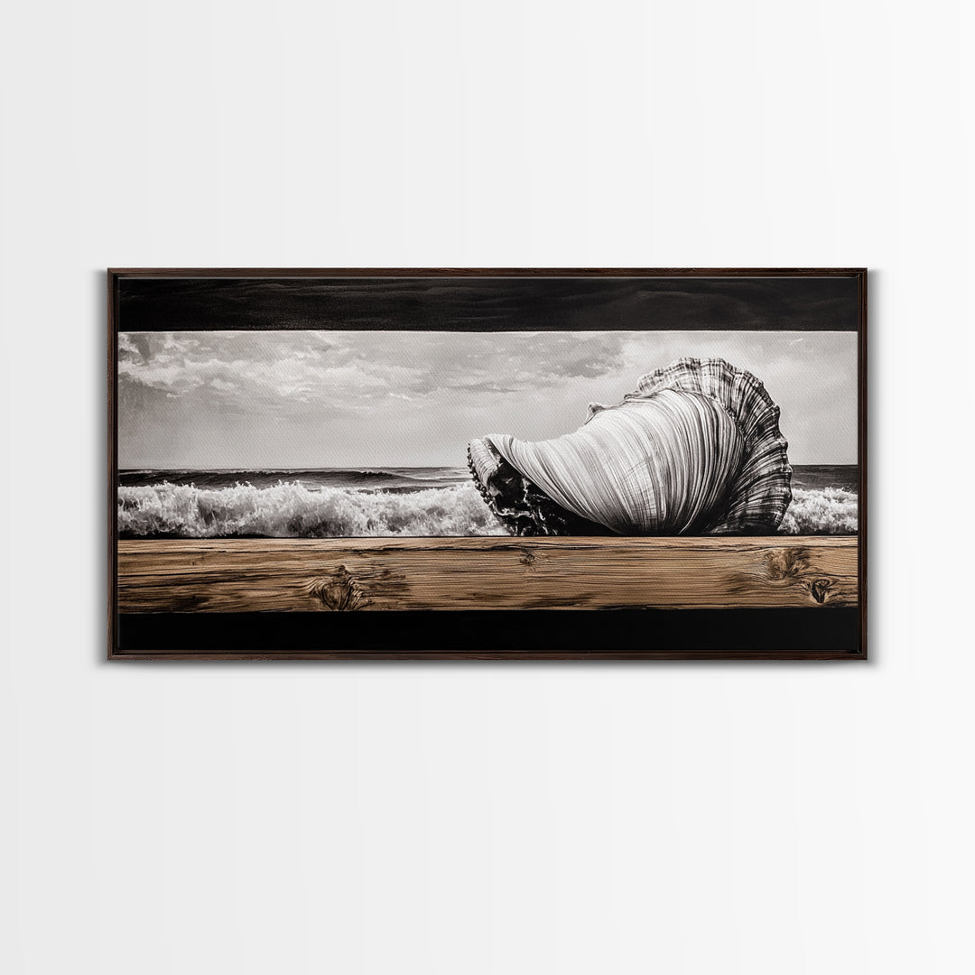 Seashell and Waves, Nautical Art, Coastal Beach Decor, Black and White Seascape, Ocean Home Art, Framed Canvas Print, Elegant Art